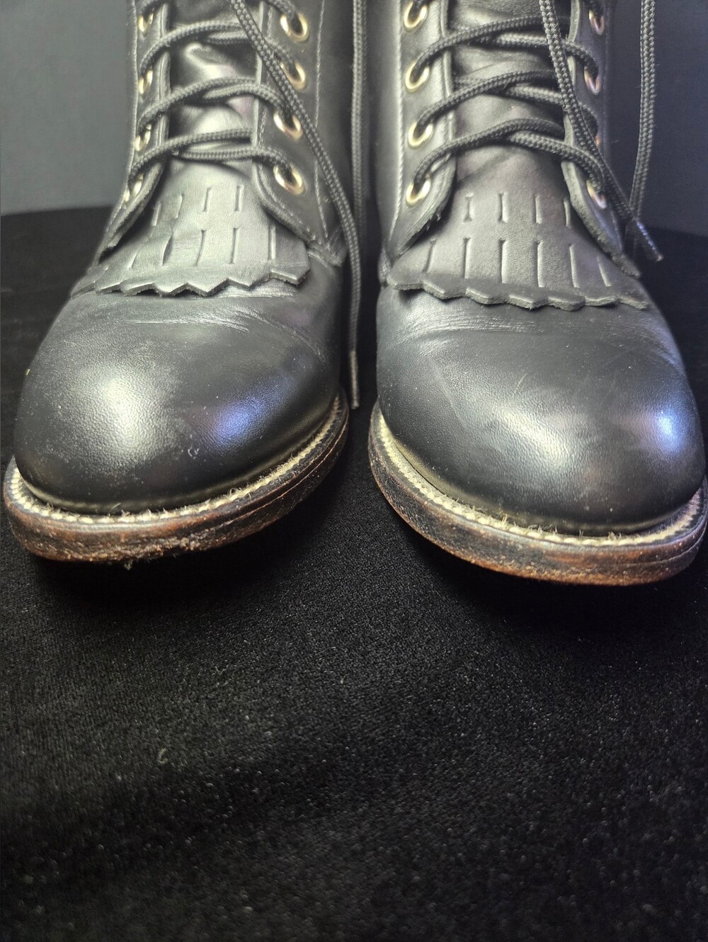 Justin Boots Black Leather Lace-Up Fringe Tongue Women’s Boots - Picture 8 of 14